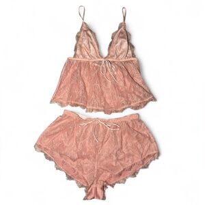Victoria's Secret pink coquette sheer lace lingerie tank and shorts set Size S🌿